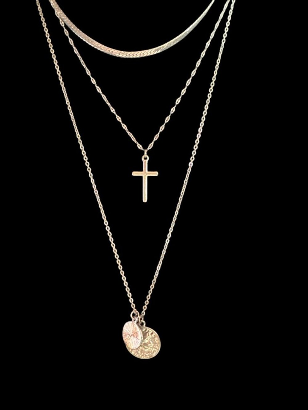 Layered Silver-Tone Necklace With Cross & Coin Pendants Minimalist Jewelry Adjus